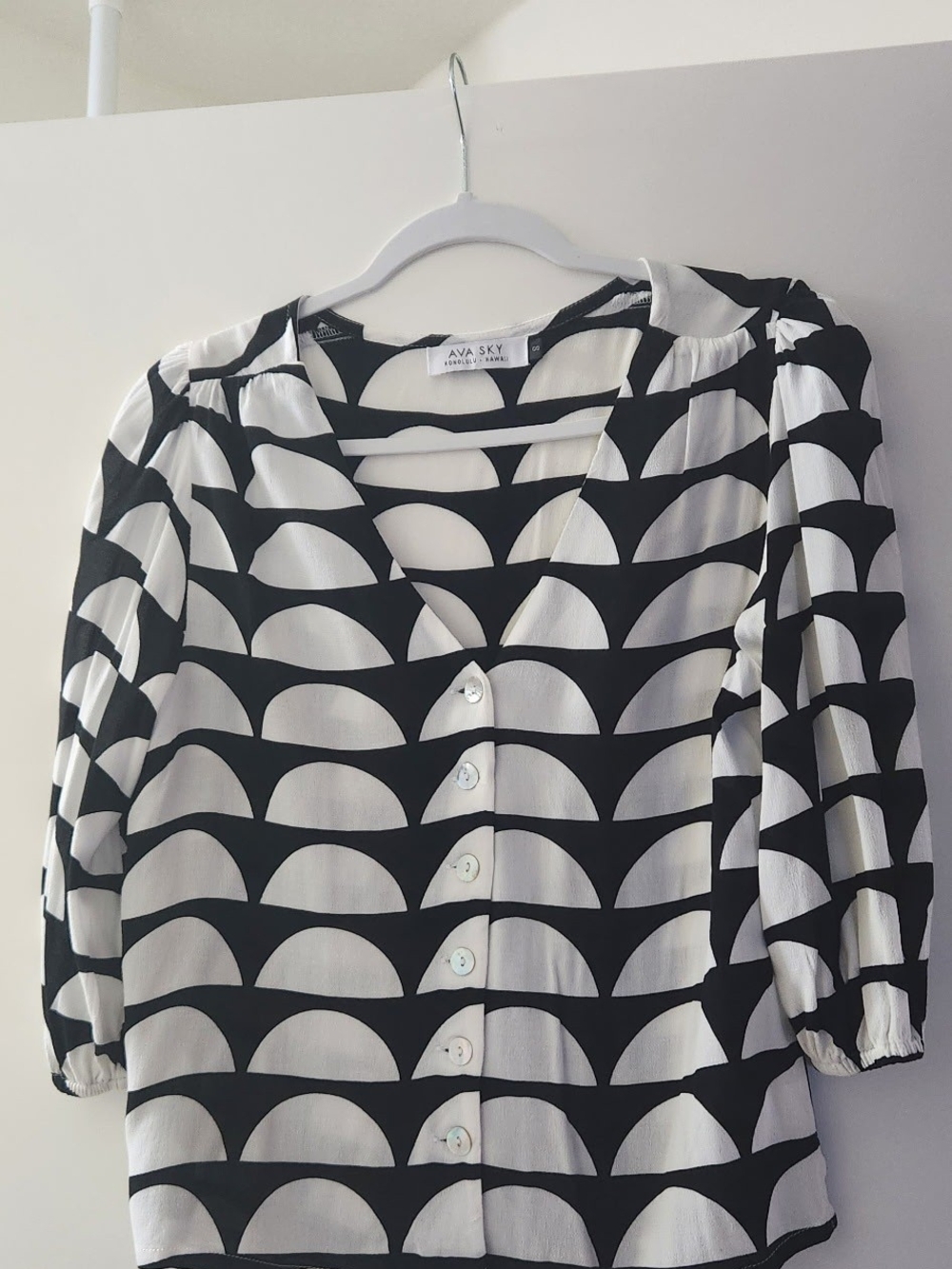Ava Sky Black and White Geometric Button-Front Blouse